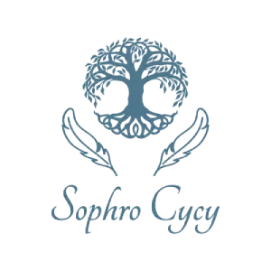 Logo Sophro Cycy bleu sérénité sur fond noir, cabinet de sophrologie et de bien-être à Port.